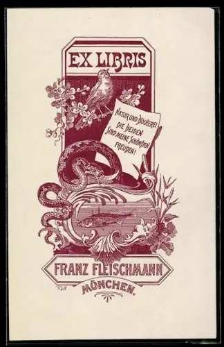 Exlibris Franz Fleischmann, Vogel, Fisch und Schlange