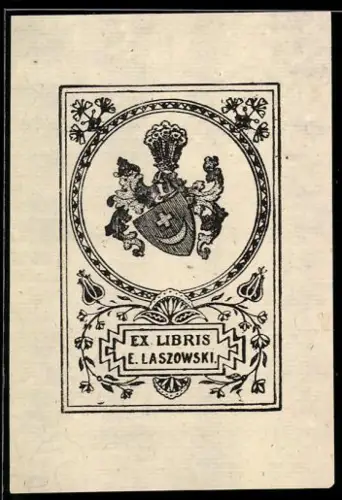 Exlibris E. Laszowski, Wappenmotiv mit floralen Elementen
