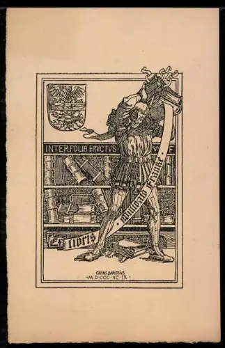 Exlibris Willibald Franke, Mann mit Büchern auf der Schulter und Wappen im Hintergrund