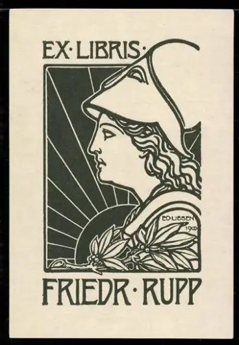 Exlibris Friedr. Rupp, Person mit Helm vor aufgehender Sonne im Jugendstil