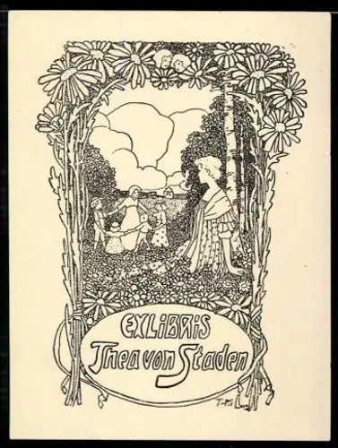 Exlibris Thea von Staden, Kinderreigen im Blumenrahmen, Jugendstil