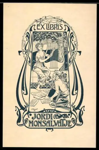 Exlibris Jordi Monsalvatje, Musikerin und Zuhörer im Jugendstil