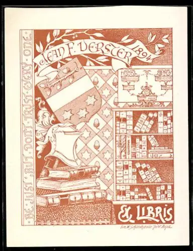 Exlibris Jean F. Verster, Bücherregal und Wappen