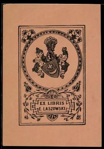 Exlibris E. Laszowski, Wappen mit Löwen und Kreuz