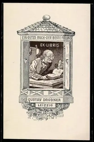 Exlibris Gustav Drobner, Alter Mann beim Lesen