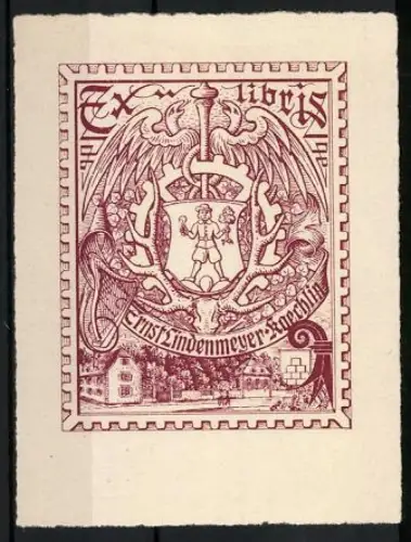 Exlibris Ernst Lindenmeyer-Koechln, Wappen mit geflügelten Schlangen