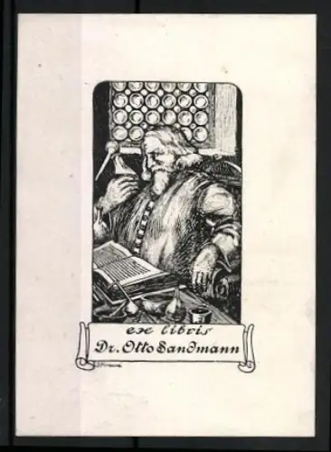 Exlibris Dr. Otto Sandmann, Gelehrter im Studierzimmer