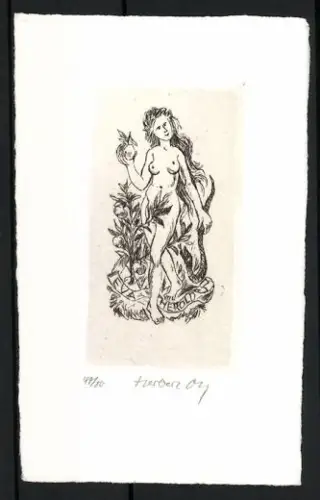 Exlibris Eva Herold, Nackte Frau mit Apfel und Pflanze