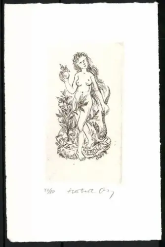 Exlibris Eva Herold, Nackte Frau mit Apfel und Pflanzen