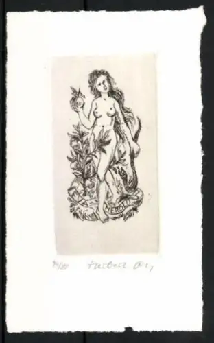 Exlibris Eva Herold, Nackte Frau mit Pflanzen Apfel in der Hand