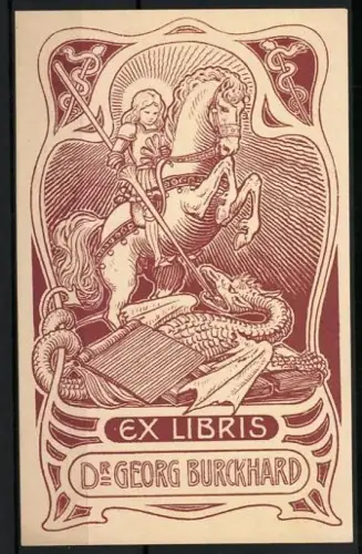 Exlibris Dr. Georg Burckhard, Drache kämpft mit einem Ritter