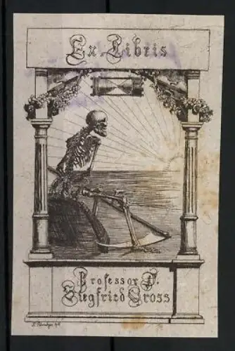 Exlibris Professor Siegfried Gross, Sensenmann betrachtet den Sonnenaufgang