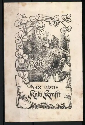 Exlibris Kätti Krafft, Frau mit Blumenrahmen und Kerze