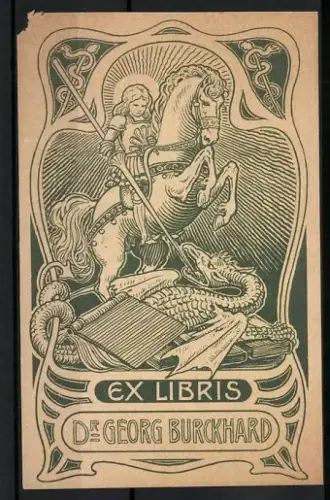 Exlibris Dr. Georg Burckhard, Drache kämpft mit einem Ritter