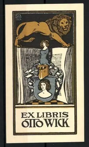 Exlibris Otto Wick, Löwe und Buchmotiv