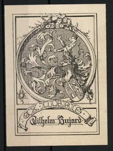 Exlibris Wilhelm Bujard, Florales Wappenmotiv mit Löwen