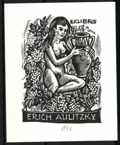 Exlibris Erich Aulitzky, Nackte Frau mit Amphore im Weinlaub