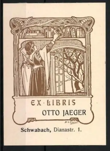 Exlibris Otto Jaeger, Schwabach, Frau in Bibliothek, Jugendstil