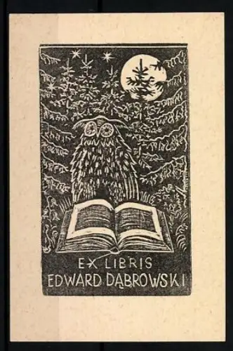 Exlibris Edward Dabrowski, Eule mit Buch im Wald bei Mondschein