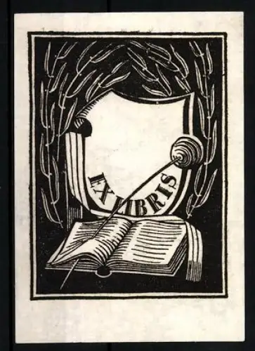 Exlibris Degen durchstösst ein Buch mit Wappenform im Hintergrund