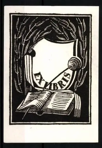 Exlibris mit Buch und Speer im Wappenschild, Umgeben von Blättern