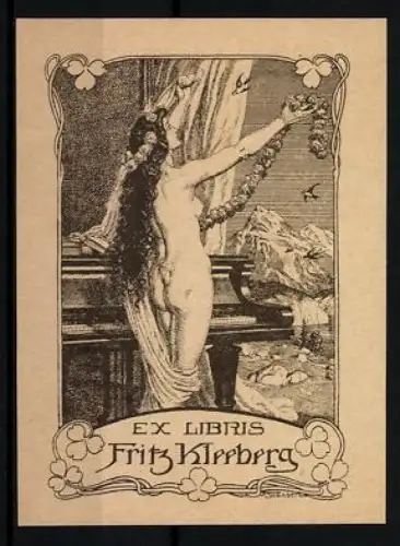 Exlibris Fritz Kleeberg, Frau mit Blumengirlande vor Berglandschaft, Jugendstil