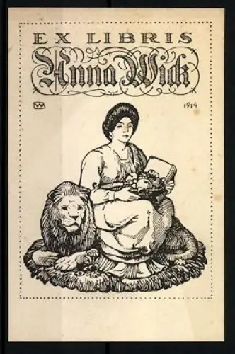Exlibris Anna Wick, Frau mit Löwe und Korb