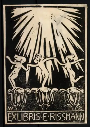 Exlibris E. Rissmann, Auf Blumen tanzende Elfen
