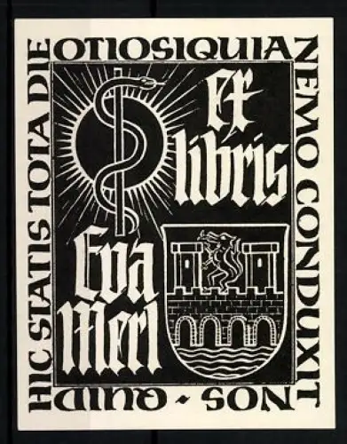 Exlibris Eva Merl, Wappen und Äskulapstab