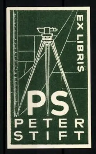 Exlibris Peter Stift, Vermessungsinstrument / Nivelliergerät im technischen Design