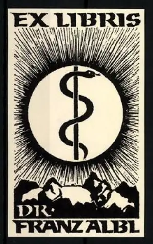 Exlibris Dr. Franz Albl, Äskulapstab und Berglandschaft