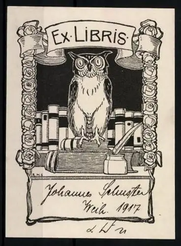 Exlibris Johannes Schuster, Eule auf Bücherstapel, 1917