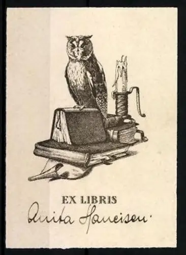 Exlibris Anita Haueisen, Eule auf Büchern mit Kerze