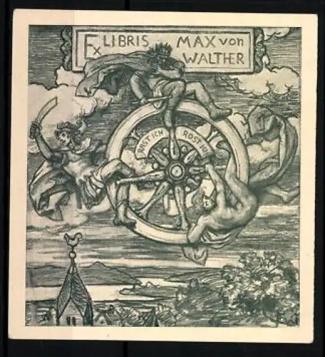 Exlibris Max von Walther, Glücksrad mit Figuren und Landschaft