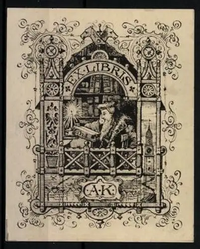 Exlibris A.K., Gelehrter mit Buch und Sonne
