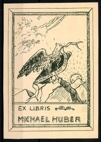 Exlibris Michael Huber, Adler mit Spruchband In Principio Erat Verbum