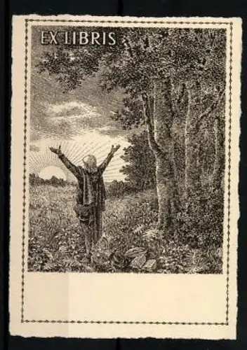 Exlibris Mann im Wald begrüsst die Sonne