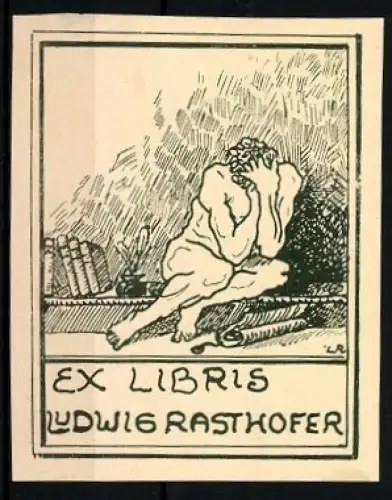 Exlibris Ludwig Rasthofer, nackter Mann neben Büchern