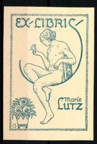 Exlibris Marie Lutz, Darstellung einer nackten Frau mit Blume und Buch