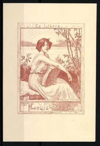 Exlibris Louis Graf, Frau mit Buch am Seeufer