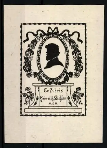 Exlibris Heinrich Richler, Silhouette im Blumenrahmen