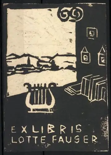 Exlibris Lotte Fauser, Landschaft mit Lyra und Büchern