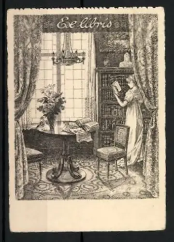 Exlibris Lesende Dame in Bibliothek, Klassisches Interieur