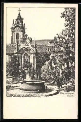 Exlibris Klostergarten mit Brunnen und Kirche