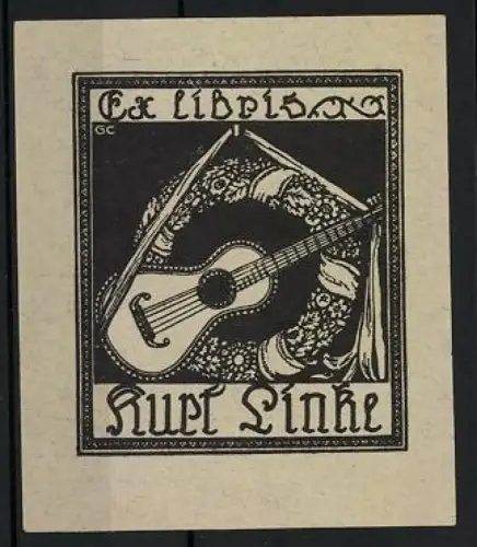 Exlibris Kurt Linke, Gitarre und Kranzmotiv