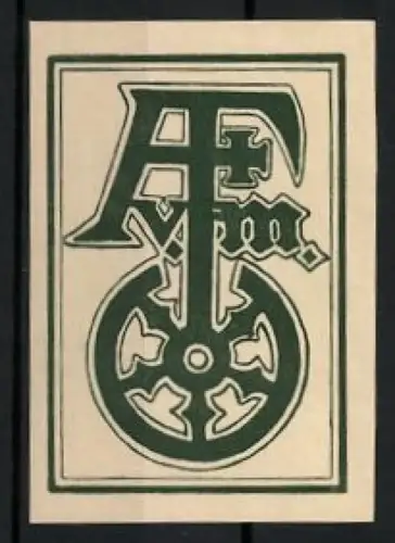 Exlibris mit stilisiertem Monogramm und Kreuzrad in Grün