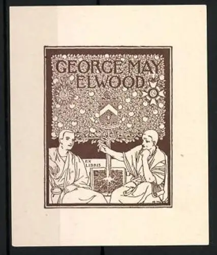 Exlibris George May Elwood, Zwei Männer unterhalten sich unter einem Baum