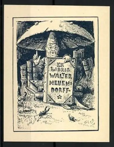 Exlibris Walter Neuendorff, Zwerg mit Buch unter einem Pils