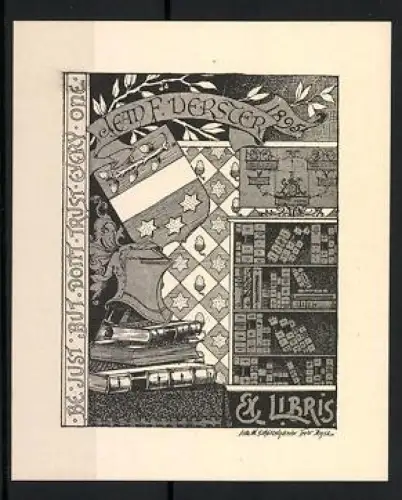 Exlibris Jean F. Derster, Segelschiff und Bücherregale mit Wappen