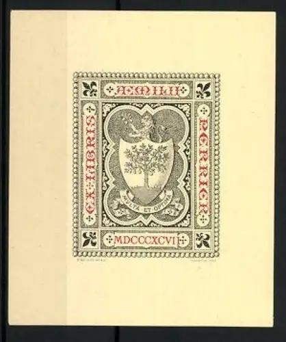 Exlibris Aemili Perrier, Wappen mit Baum und Wahlspruch, Multa et optima